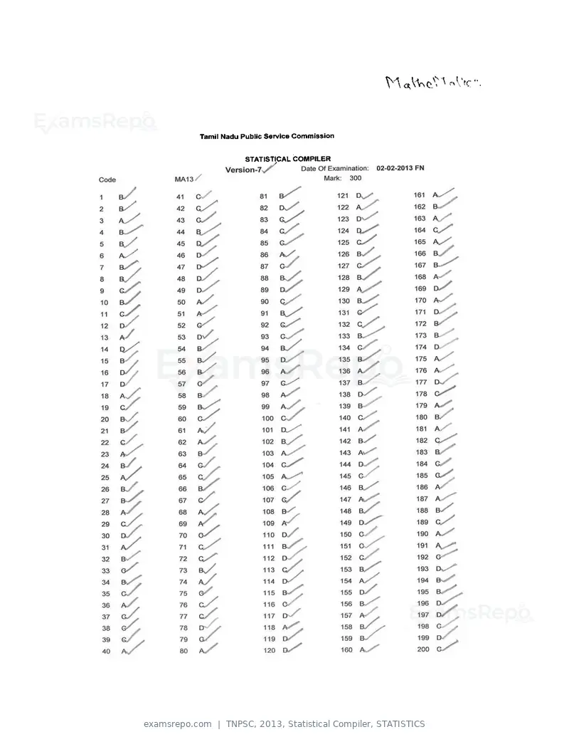 TNPSC 2013 answer key, Statistical Compiler, STATISTICS, page 23 of 32