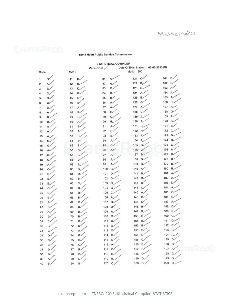 TNPSC 2013 answer key, Statistical Compiler, STATISTICS, page 24 of 32
