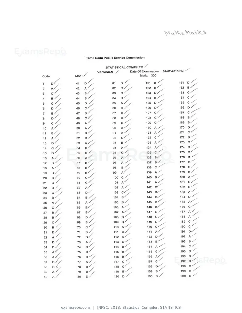 TNPSC 2013 answer key, Statistical Compiler, STATISTICS, page 25 of 32