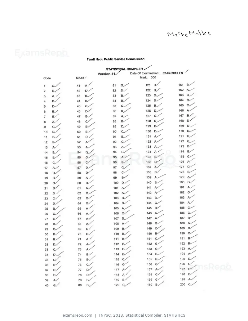 TNPSC 2013 answer key, Statistical Compiler, STATISTICS, page 27 of 32