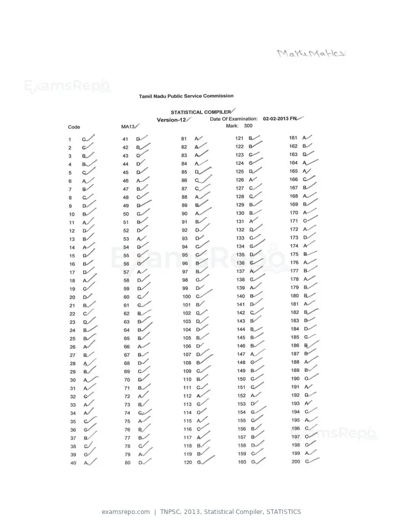 TNPSC 2013 answer key, Statistical Compiler, STATISTICS, page 28 of 32