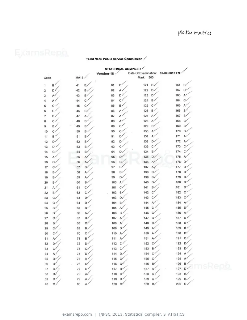 TNPSC 2013 answer key, Statistical Compiler, STATISTICS, page 32 of 32