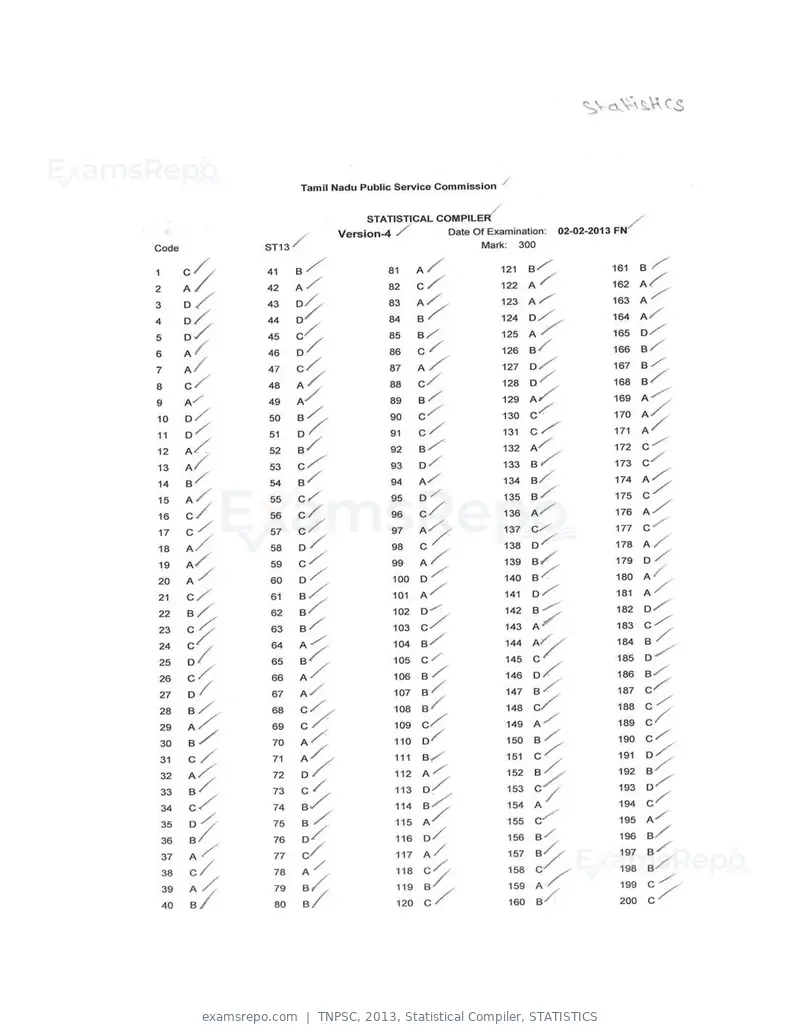 TNPSC 2013 answer key, Statistical Compiler, STATISTICS, page 4 of 32