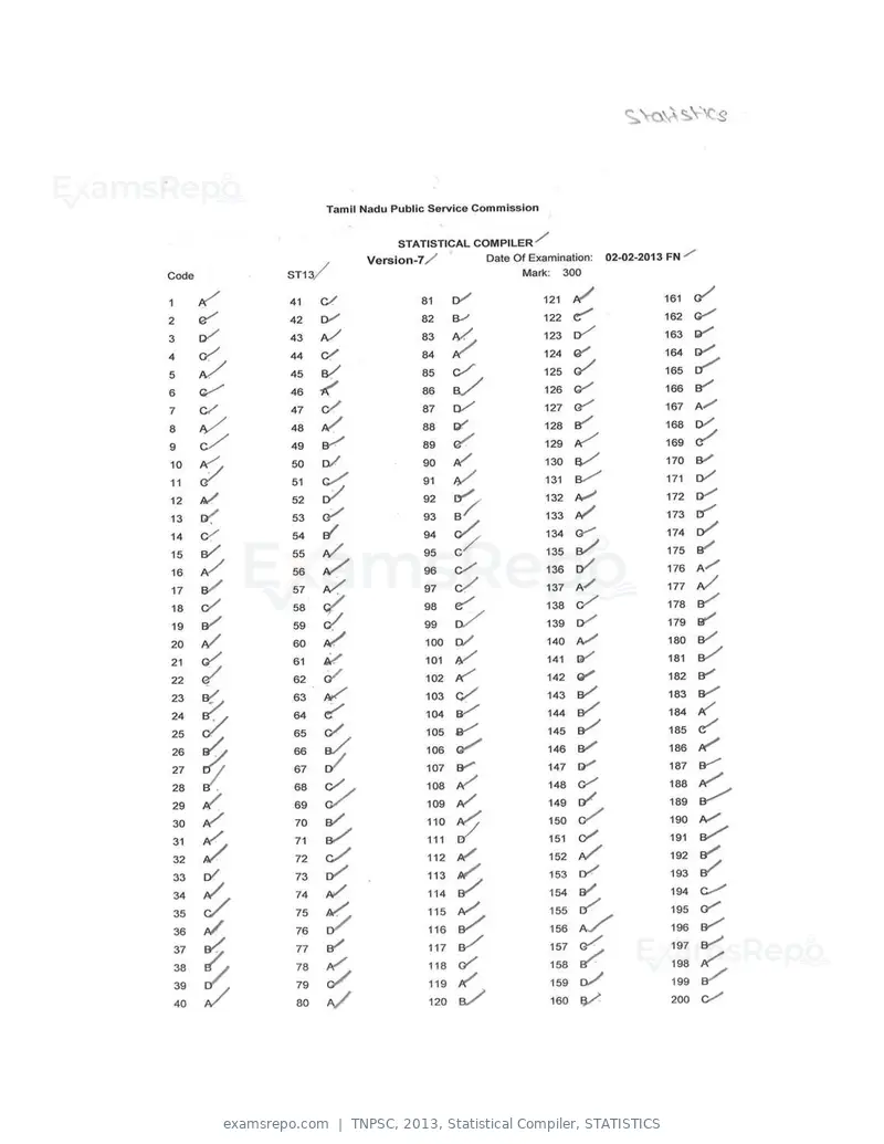 TNPSC 2013 answer key, Statistical Compiler, STATISTICS, page 7 of 32