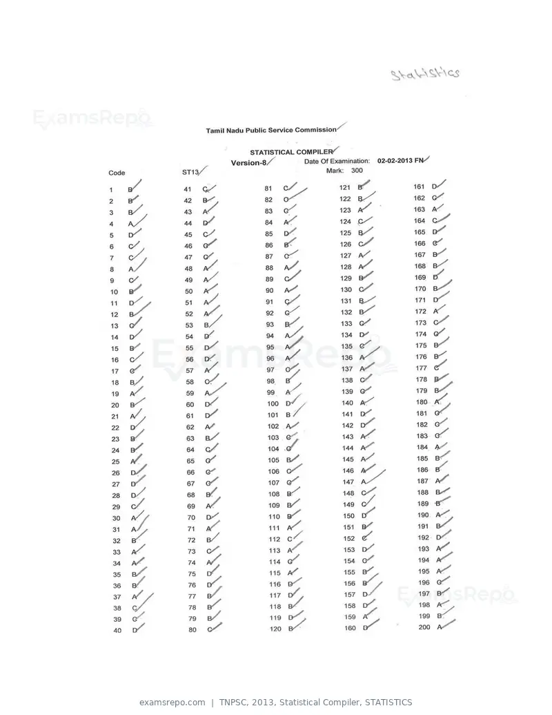 TNPSC 2013 answer key, Statistical Compiler, STATISTICS, page 8 of 32