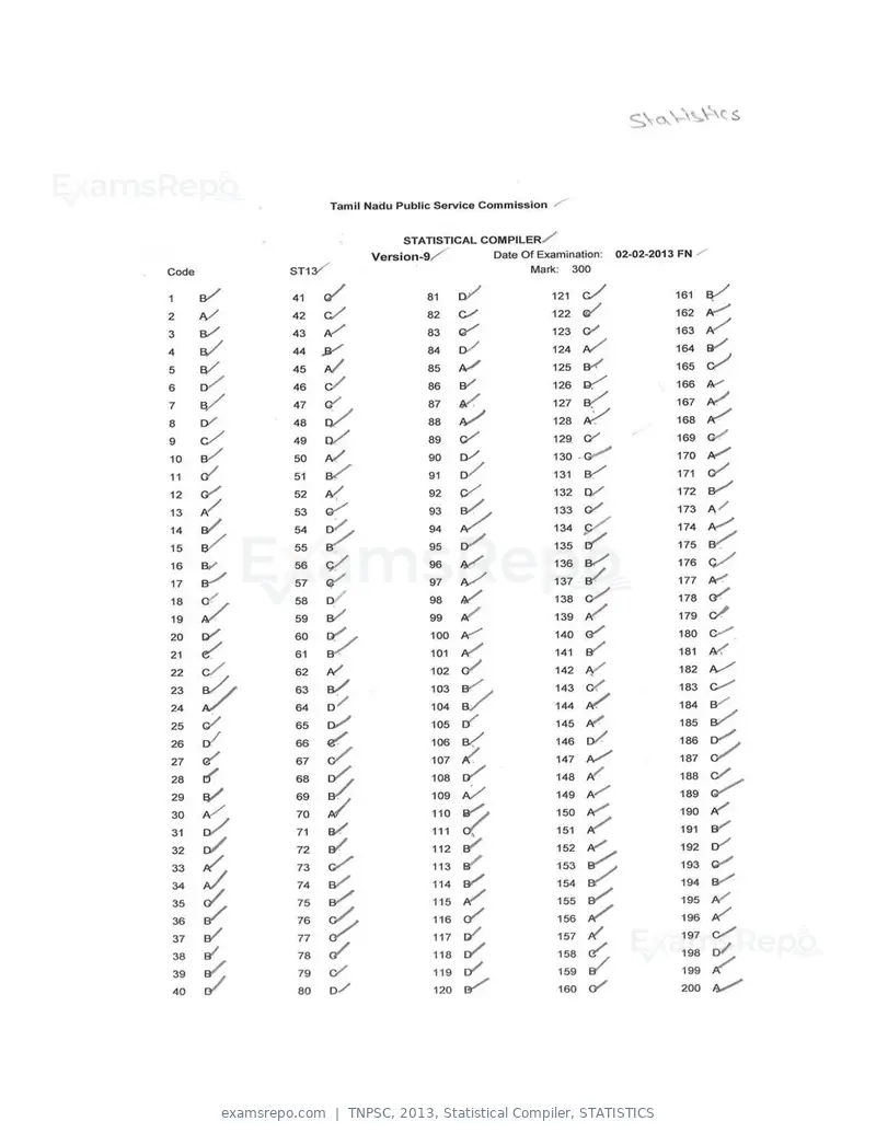 TNPSC 2013 answer key, Statistical Compiler, STATISTICS, page 9 of 32