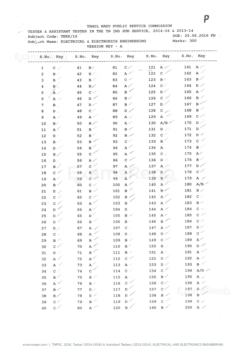 TNPSC 2016 answer key, Tester (2014-2016) & Assistant Testers (2013-2014), ELECTRICAL AND ELECTRONICS ENGINEERING, page 1 of 8