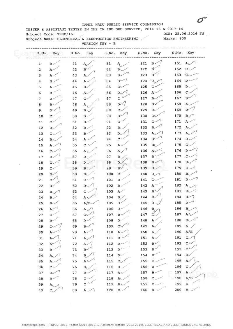 TNPSC 2016 answer key, Tester (2014-2016) & Assistant Testers (2013-2014), ELECTRICAL AND ELECTRONICS ENGINEERING, page 2 of 8