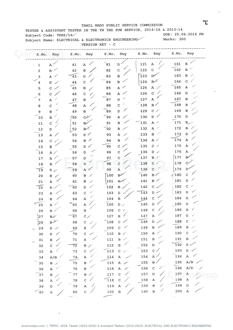 TNPSC 2016 answer key, Tester (2014-2016) & Assistant Testers (2013-2014), ELECTRICAL AND ELECTRONICS ENGINEERING, page 3 of 8