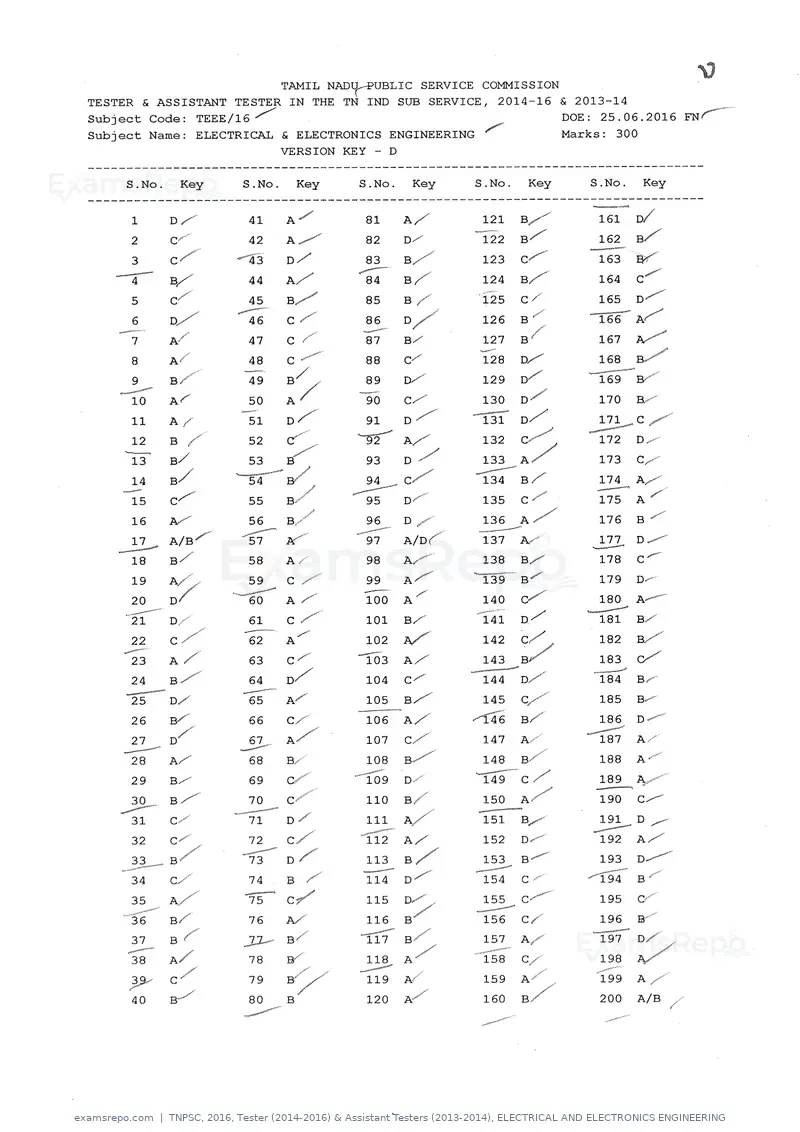 TNPSC 2016 answer key, Tester (2014-2016) & Assistant Testers (2013-2014), ELECTRICAL AND ELECTRONICS ENGINEERING, page 4 of 8