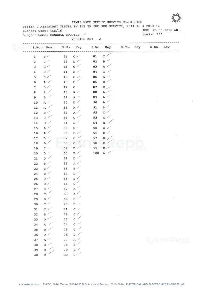 TNPSC 2016 answer key, Tester (2014-2016) & Assistant Testers (2013-2014), ELECTRICAL AND ELECTRONICS ENGINEERING, page 5 of 8