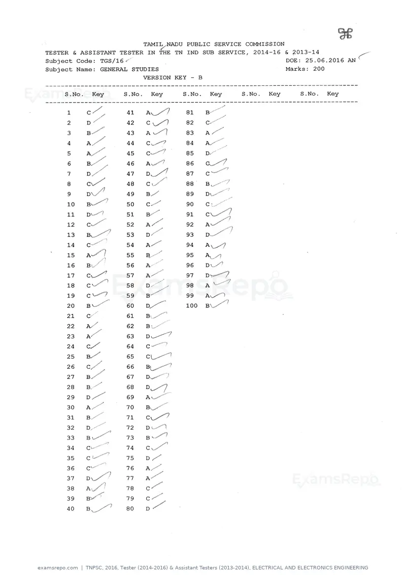 TNPSC 2016 answer key, Tester (2014-2016) & Assistant Testers (2013-2014), ELECTRICAL AND ELECTRONICS ENGINEERING, page 6 of 8