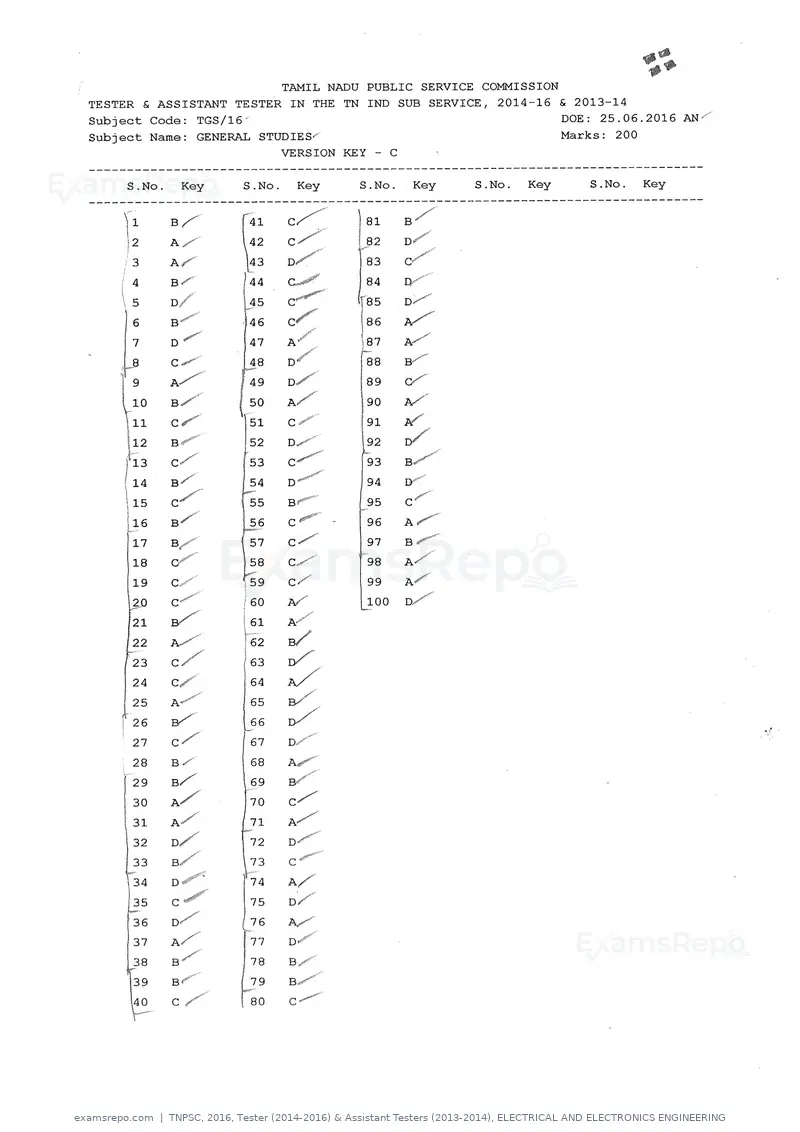 TNPSC 2016 answer key, Tester (2014-2016) & Assistant Testers (2013-2014), ELECTRICAL AND ELECTRONICS ENGINEERING, page 7 of 8