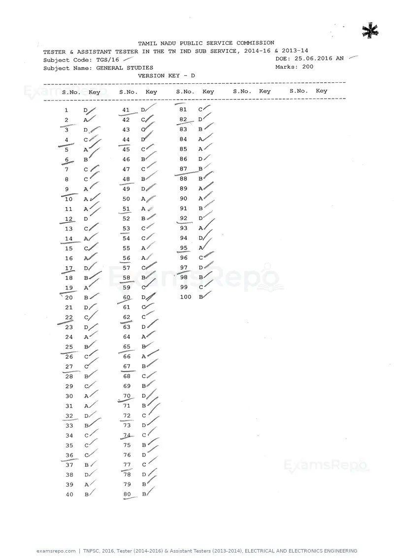 TNPSC 2016 answer key, Tester (2014-2016) & Assistant Testers (2013-2014), ELECTRICAL AND ELECTRONICS ENGINEERING, page 8 of 8
