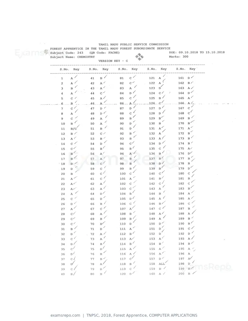 TNPSC 2018 answer key, Forest Apprentice, COMPUTER APPLICATIONS, page 7 of 72