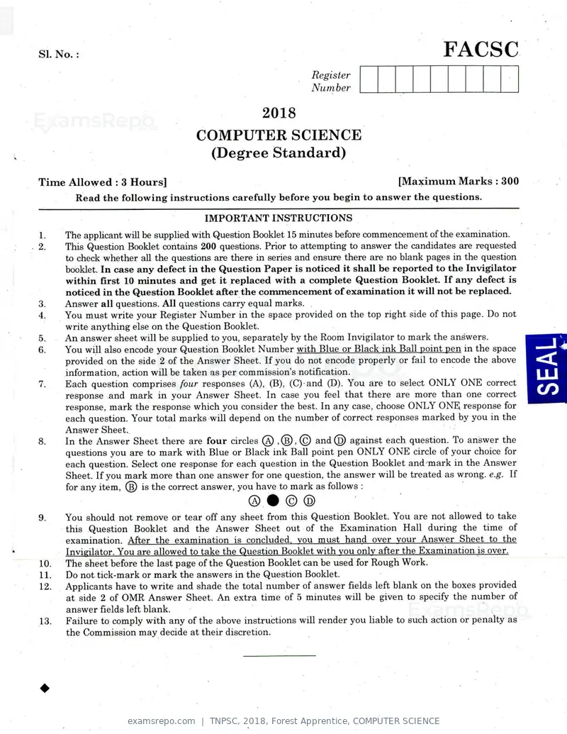 TNPSC 2018 question paper, Forest Apprentice, COMPUTER SCIENCE, page 1 of 36