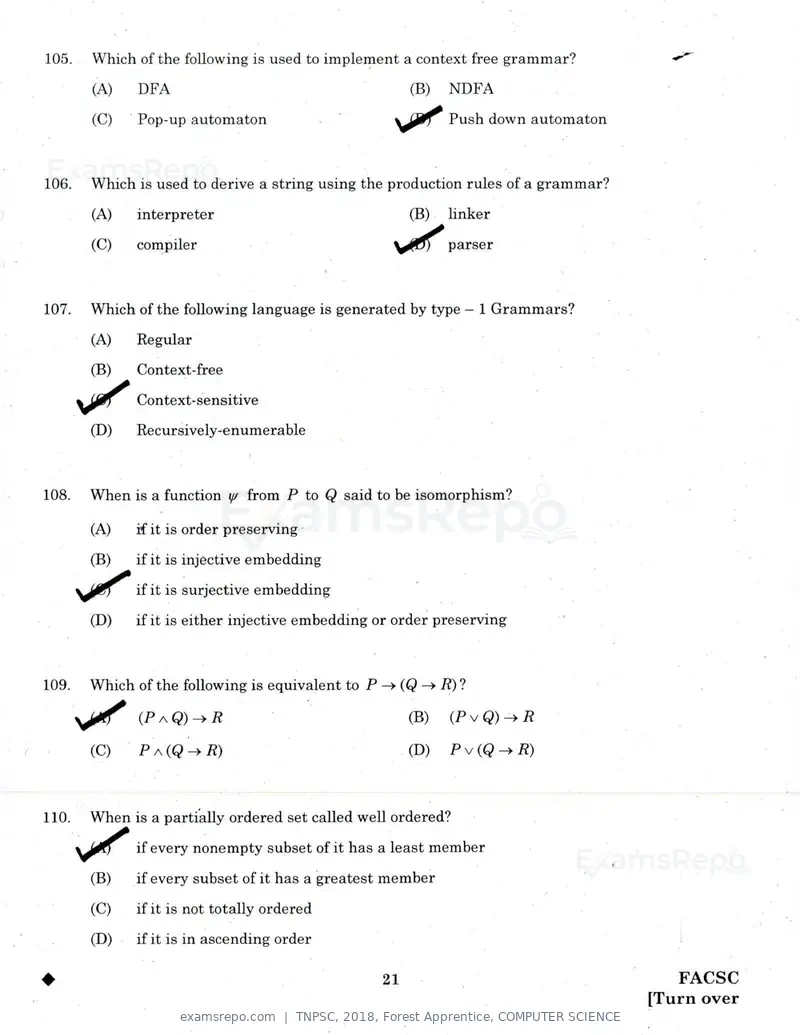 TNPSC 2018 question paper, Forest Apprentice, COMPUTER SCIENCE, page 20 of 36