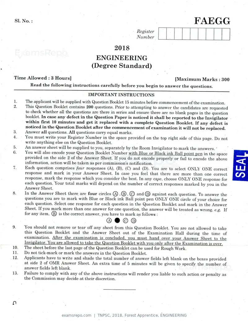 TNPSC 2018 question paper, Forest Apprentice, ENGINEERING, page 1 of 36