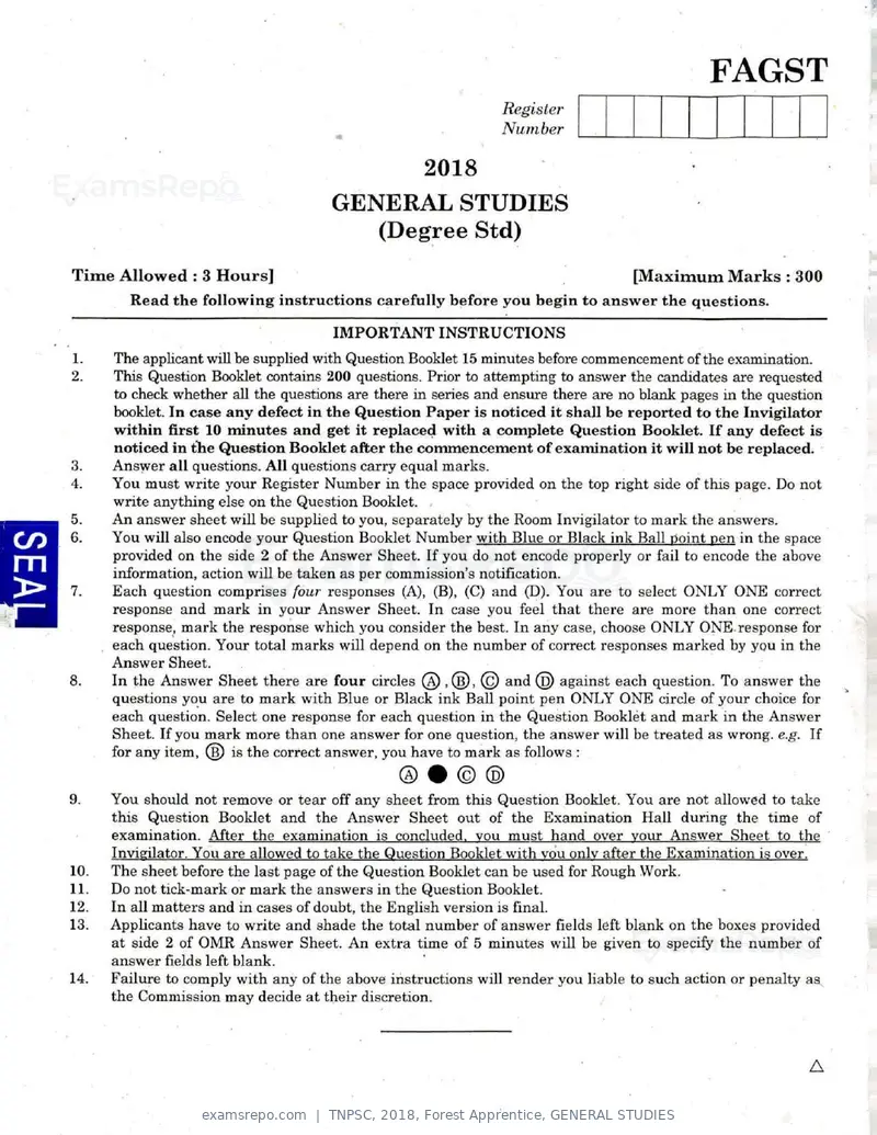 TNPSC 2018 question paper, Forest Apprentice, GENERAL STUDIES, page 77 of 77