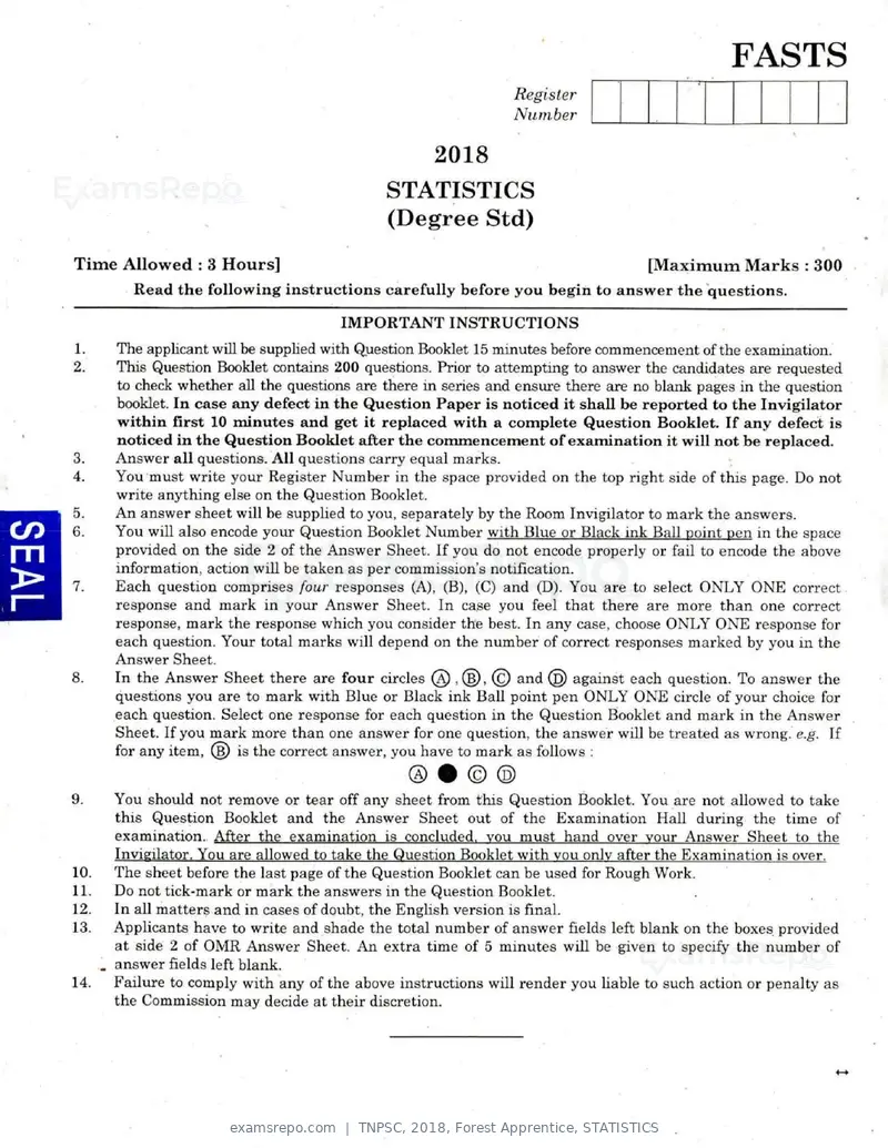 TNPSC 2018 question paper, Forest Apprentice, STATISTICS, page 77 of 77