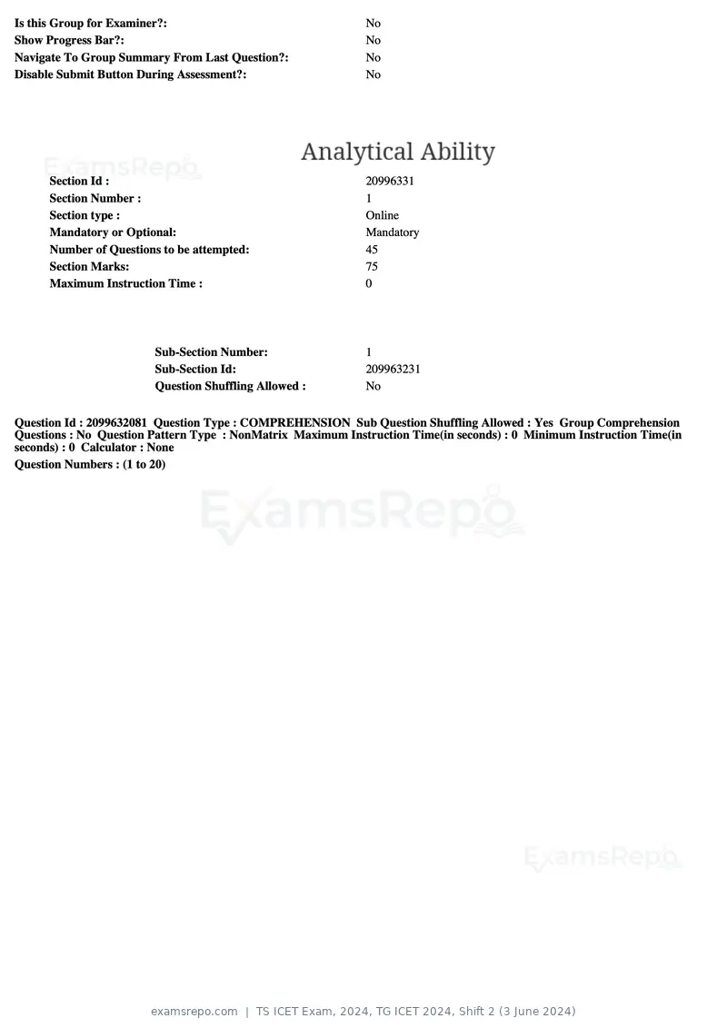 TS ICET Exam 2024 question paper, TG ICET 2024, Shift 2 (3 June 2024), page 2 of 183
