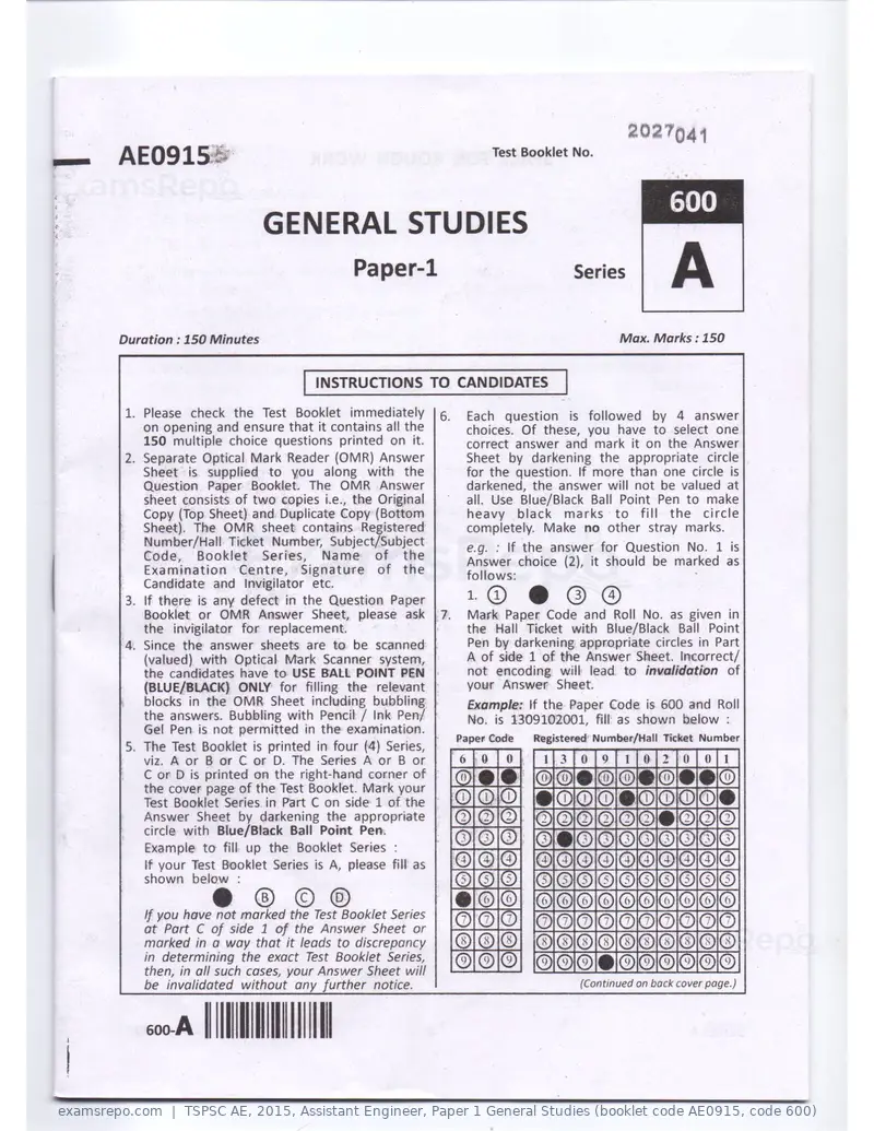 TSPSC AE 2015 question paper, Assistant Engineer, Paper 1 General Studies (booklet code AE0915, code 600), page 1 of 30