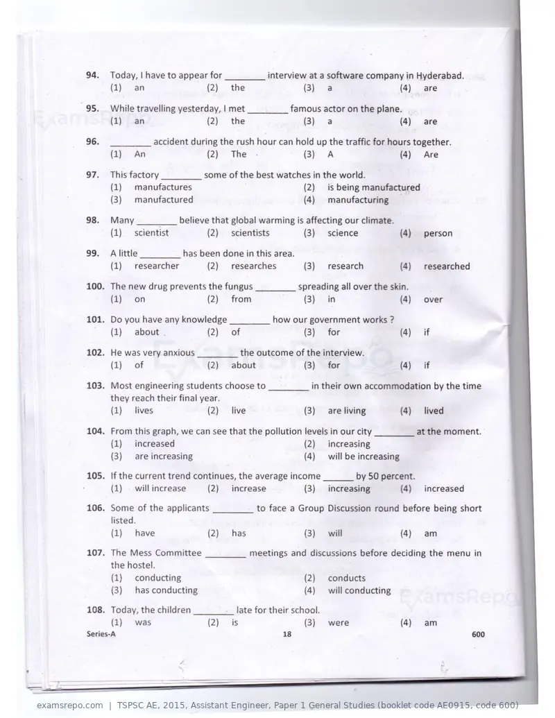 TSPSC AE 2015 question paper, Assistant Engineer, Paper 1 General Studies (booklet code AE0915, code 600), page 18 of 30
