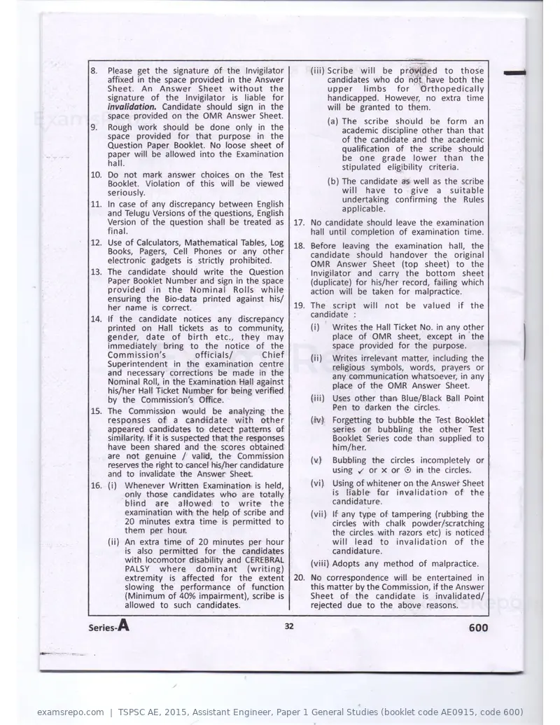 TSPSC AE 2015 question paper, Assistant Engineer, Paper 1 General Studies (booklet code AE0915, code 600), page 2 of 30
