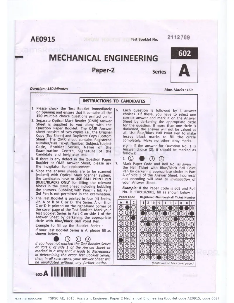 TSPSC AE 2015 question paper, Assistant Engineer, Paper 2 Mechanical Engineering (booklet code AE0915, code 602), page 1 of 14