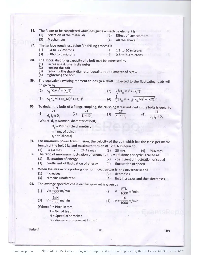 TSPSC AE 2015 question paper, Assistant Engineer, Paper 2 Mechanical Engineering (booklet code AE0915, code 602), page 10 of 14