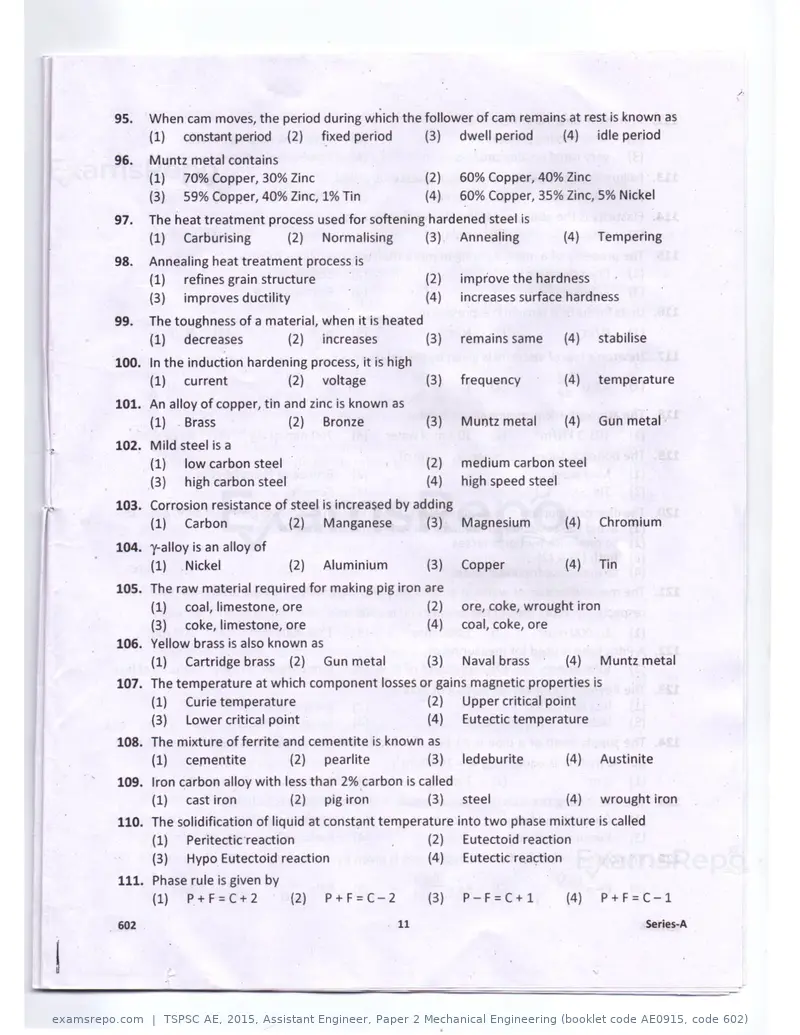 TSPSC AE 2015 question paper, Assistant Engineer, Paper 2 Mechanical Engineering (booklet code AE0915, code 602), page 11 of 14