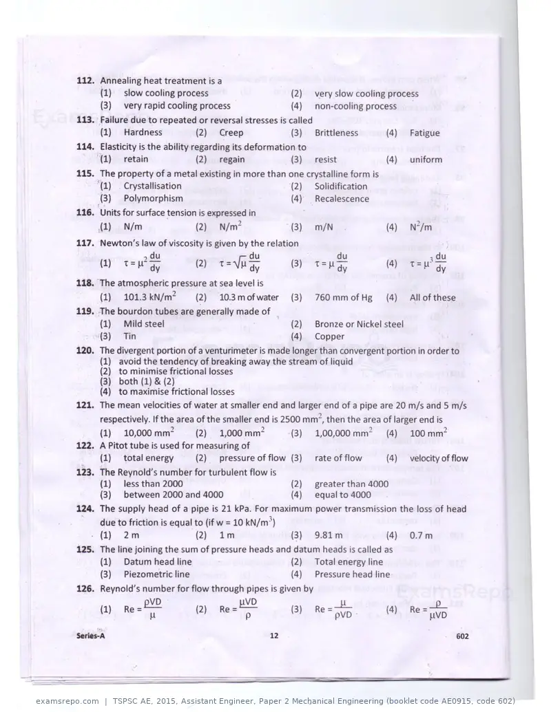 TSPSC AE 2015 question paper, Assistant Engineer, Paper 2 Mechanical Engineering (booklet code AE0915, code 602), page 12 of 14