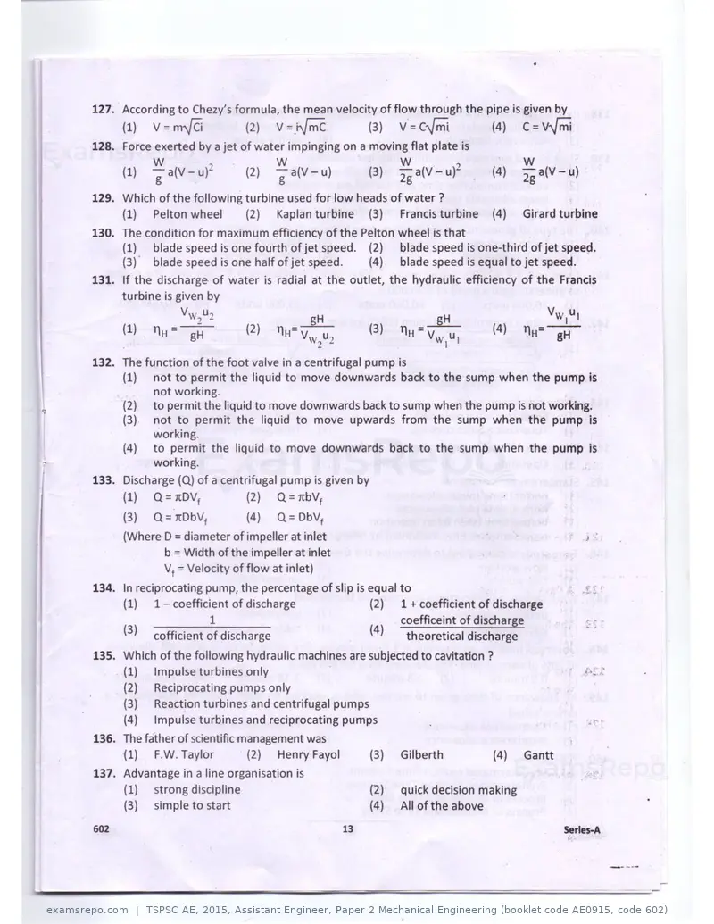 TSPSC AE 2015 question paper, Assistant Engineer, Paper 2 Mechanical Engineering (booklet code AE0915, code 602), page 13 of 14