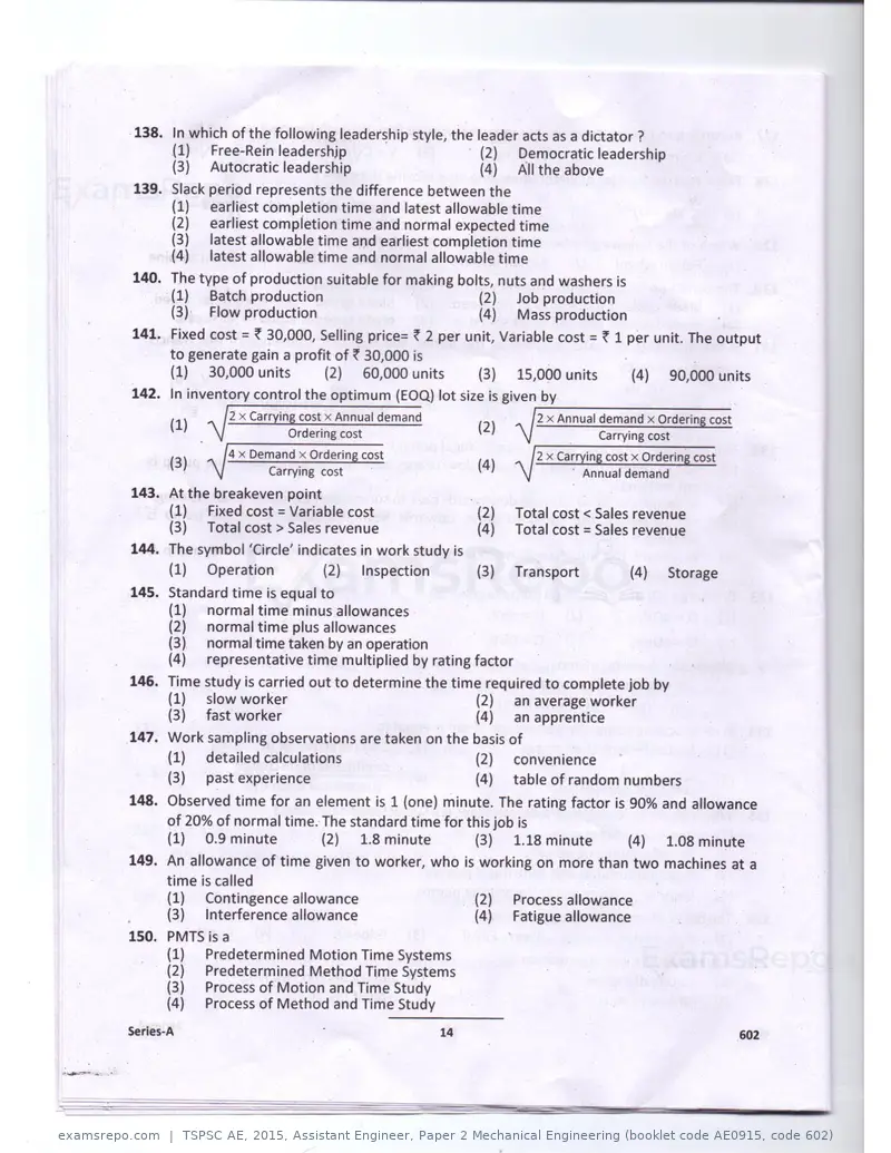 TSPSC AE 2015 question paper, Assistant Engineer, Paper 2 Mechanical Engineering (booklet code AE0915, code 602), page 14 of 14