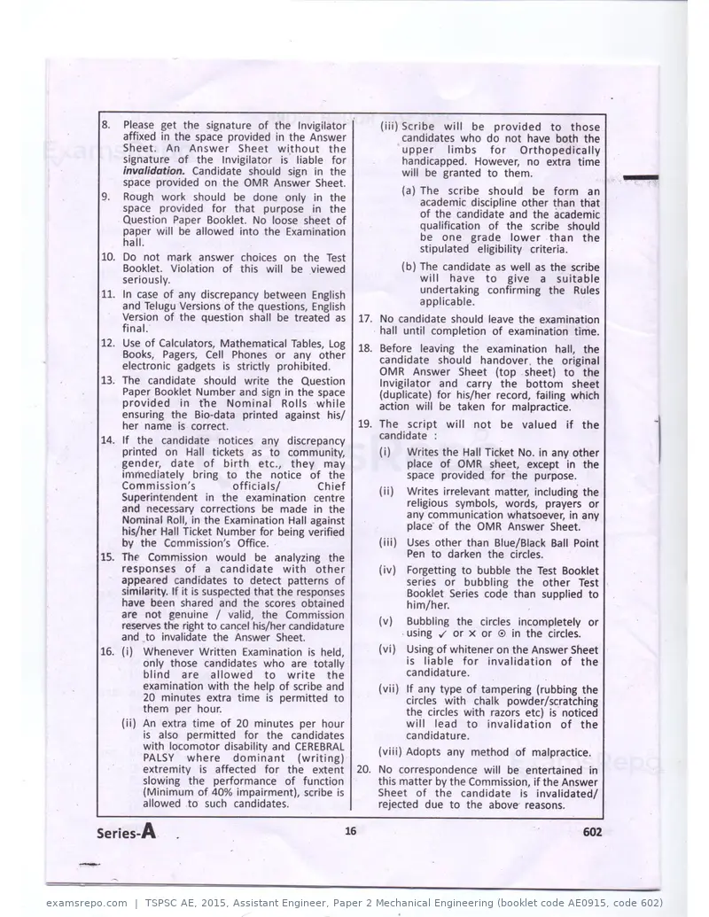 TSPSC AE 2015 question paper, Assistant Engineer, Paper 2 Mechanical Engineering (booklet code AE0915, code 602), page 2 of 14