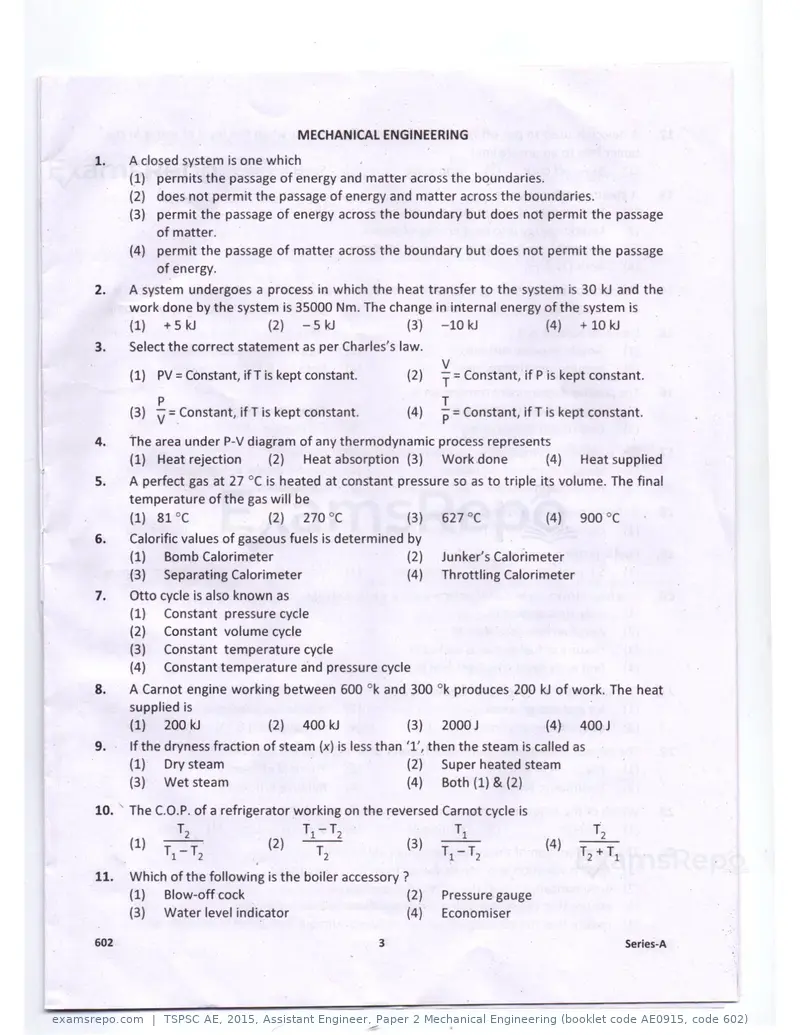 TSPSC AE 2015 question paper, Assistant Engineer, Paper 2 Mechanical Engineering (booklet code AE0915, code 602), page 3 of 14