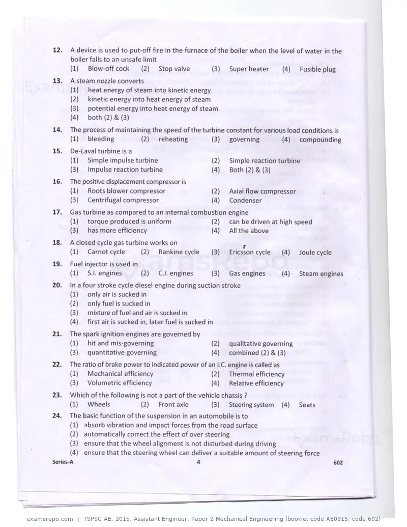 TSPSC AE 2015 question paper, Assistant Engineer, Paper 2 Mechanical Engineering (booklet code AE0915, code 602), page 4 of 14
