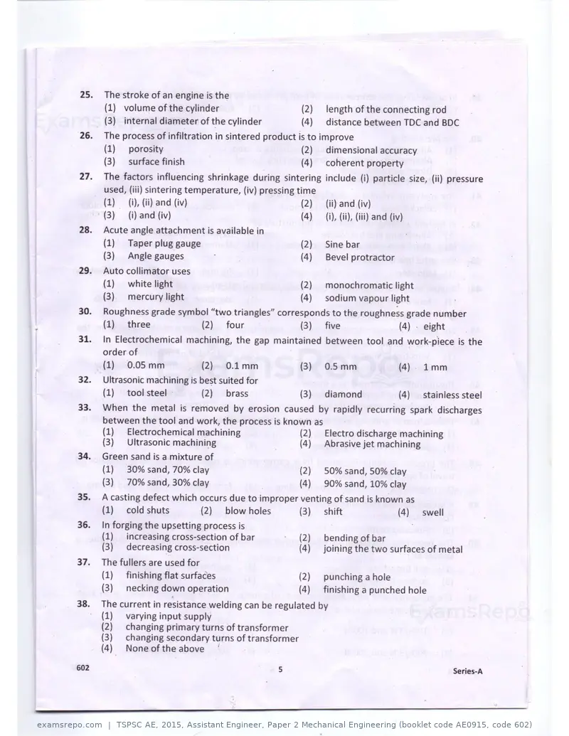 TSPSC AE 2015 question paper, Assistant Engineer, Paper 2 Mechanical Engineering (booklet code AE0915, code 602), page 5 of 14