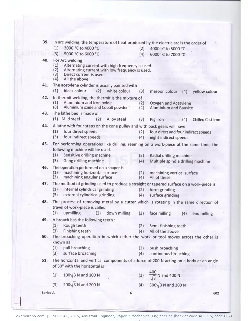 TSPSC AE 2015 question paper, Assistant Engineer, Paper 2 Mechanical Engineering (booklet code AE0915, code 602), page 6 of 14
