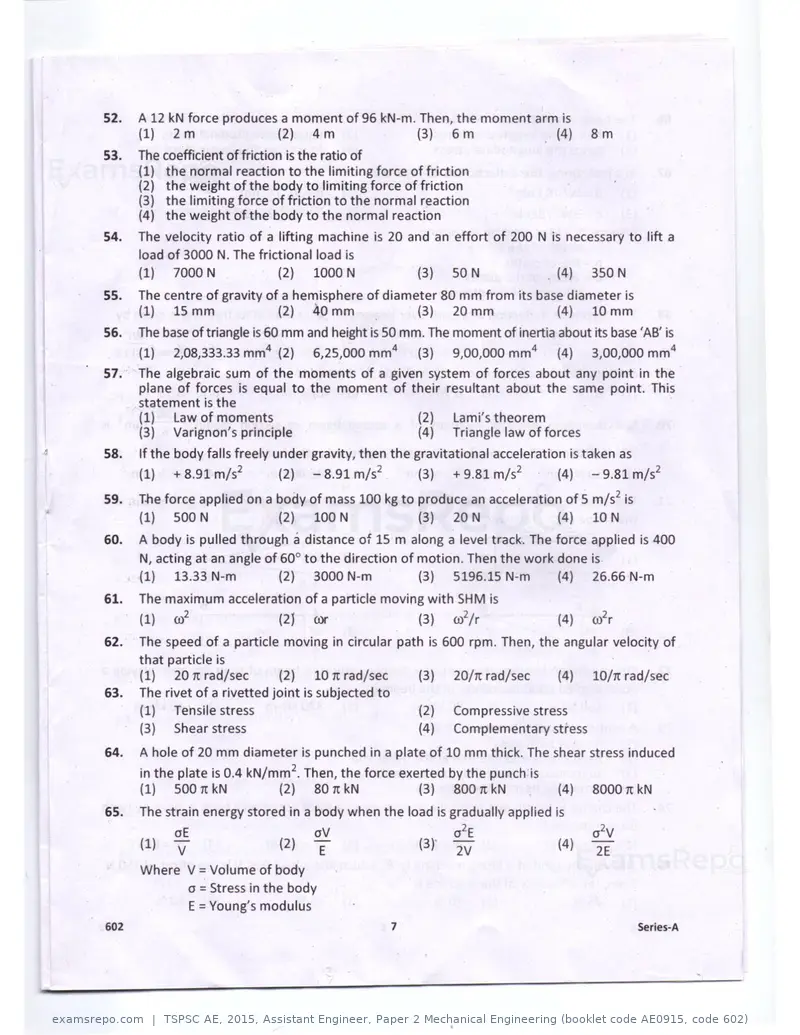TSPSC AE 2015 question paper, Assistant Engineer, Paper 2 Mechanical Engineering (booklet code AE0915, code 602), page 7 of 14