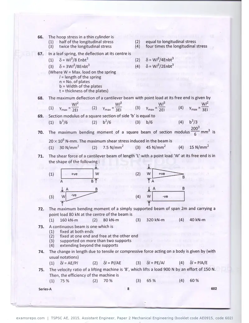 TSPSC AE 2015 question paper, Assistant Engineer, Paper 2 Mechanical Engineering (booklet code AE0915, code 602), page 8 of 14