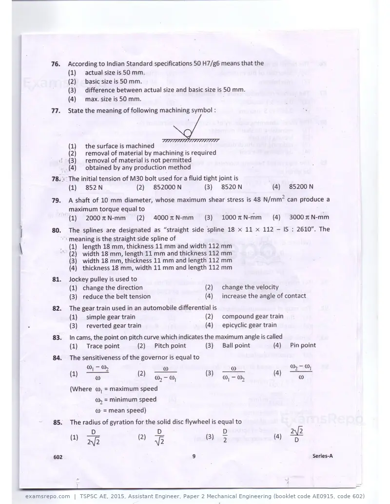 TSPSC AE 2015 question paper, Assistant Engineer, Paper 2 Mechanical Engineering (booklet code AE0915, code 602), page 9 of 14