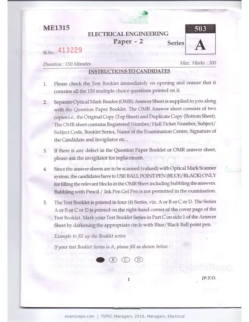 TSPSC Managers 2016 question paper, Managers, Electrical, page 1 of 23