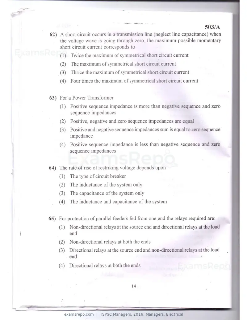 TSPSC Managers 2016 question paper, Managers, Electrical, page 11 of 23