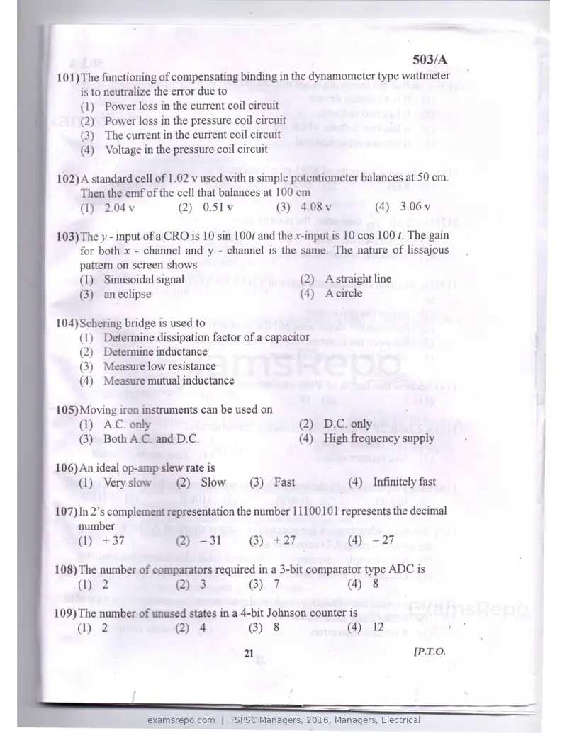 TSPSC Managers 2016 question paper, Managers, Electrical, page 18 of 23