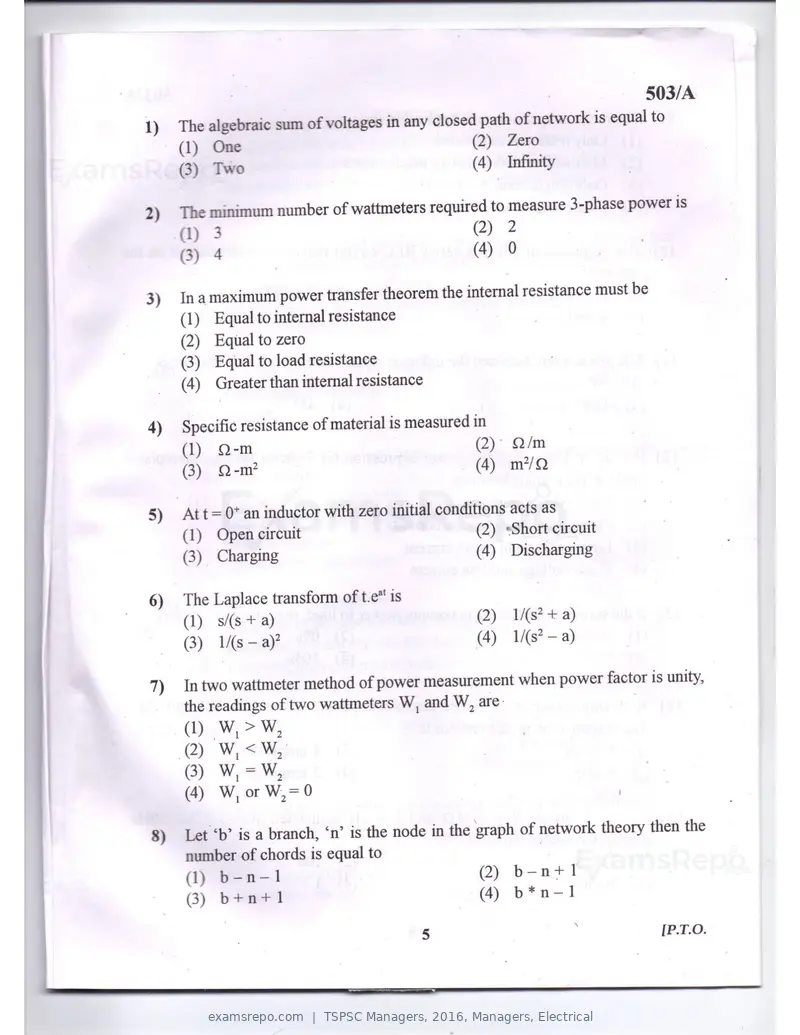 TSPSC Managers 2016 question paper, Managers, Electrical, page 2 of 23