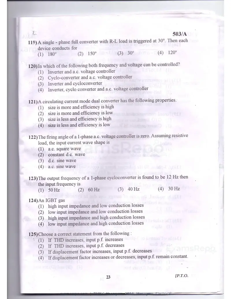 TSPSC Managers 2016 question paper, Managers, Electrical, page 20 of 23