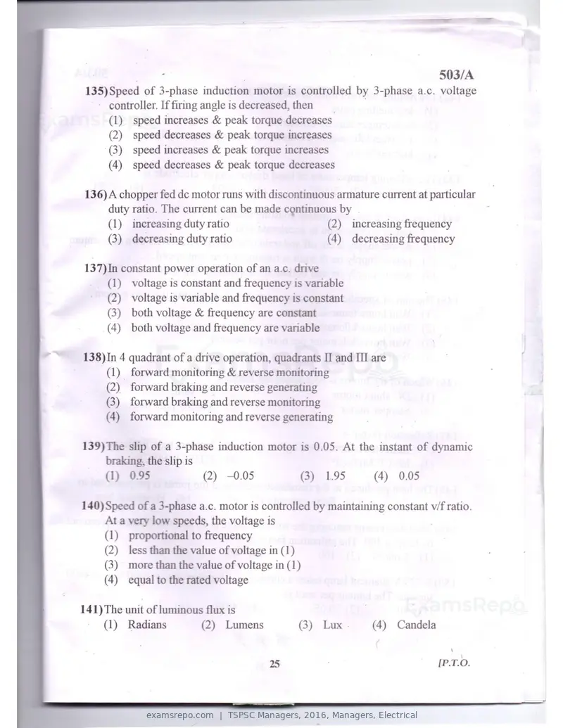 TSPSC Managers 2016 question paper, Managers, Electrical, page 22 of 23
