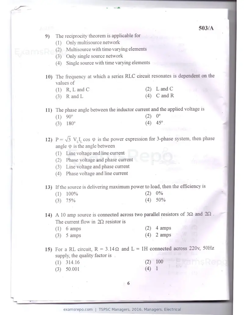 TSPSC Managers 2016 question paper, Managers, Electrical, page 3 of 23