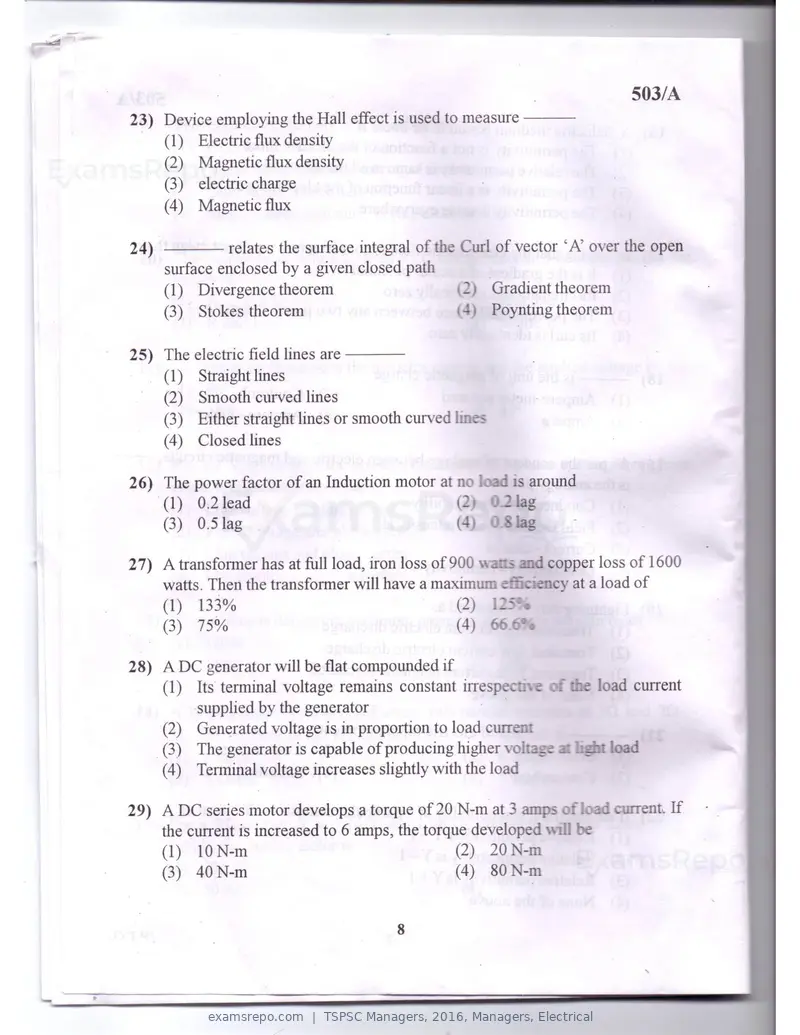 TSPSC Managers 2016 question paper, Managers, Electrical, page 5 of 23